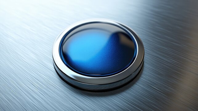 The image features a close up of a single, round button with a glossy, reflective blue surface. The button is embedded into a metallic, brushed surface that provides a textured background