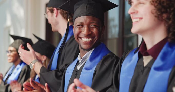 Happy, man or students applause for graduation ceremony, valedictorian speech or degree completion. Pride, class and clapping at campus event for academic honor, college graduate or classmate support