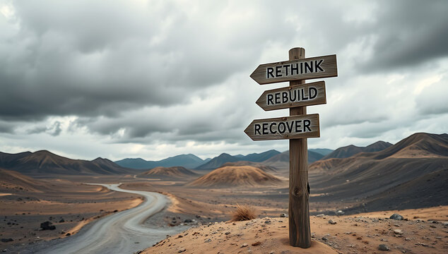 Wooden directional sign post in a desert landscape with messages of rethink rebuild and recover