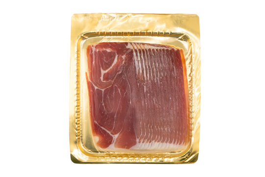 Jamon serrano. A Spanish ham isolated on white background. Traditional spanish jamon sliced. Dry cured meat ham. Hamon iberico