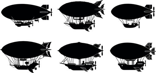 Steampunk airship blimp silhouette vector set featuring vintage dirigible flying ships for fantasy graphic designs © MstAduri