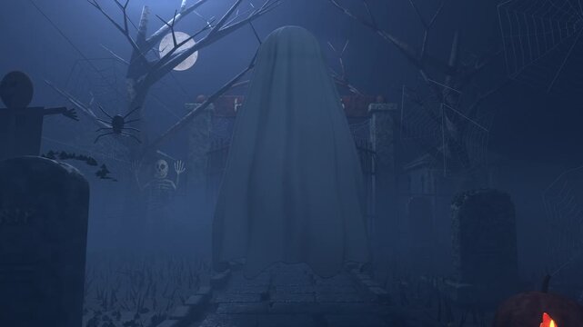 A white ghost hovers in a spooky cemetery at night under a full moon, before the camera zooms in to a close up of a rusty sign with the text Halloween 2026