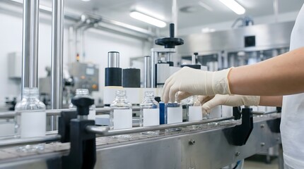 Fototapeta premium Worker Handling Bottles on Pharmaceutical Production Conveyor Line