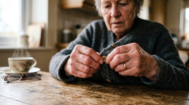 Senior female challenge: arthritis burden, arthrosis effect, osteoarthritis symptom, osteoarthrosis pain, joint disorder, hand struggle, finger movement, grip trouble.