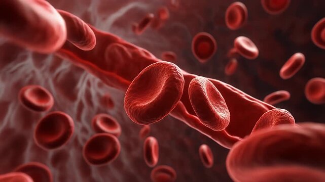 Microscopic view of red blood cells flowing through a blood vessel.