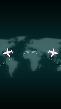 Airplanes flight animation traces dotted paths over a map Tourism route telemetry guides airplanes flight animation Passenger travel navigation tracks on the flight animation