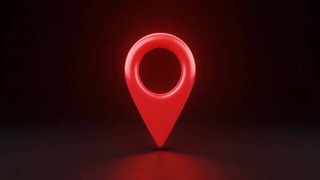 Three glowing red map pins are displayed in a dark, abstract background.