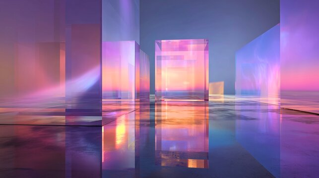 Realistic abstract geometric environment with luminous transparent glass rectangles standing in layered formation over a mirror-like reflective floor, radiant neon gradients transitioning