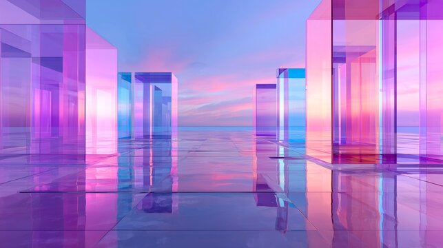 Realistic abstract geometric environment with luminous transparent glass rectangles standing in layered formation over a mirror-like reflective floor, radiant neon gradients transitioning