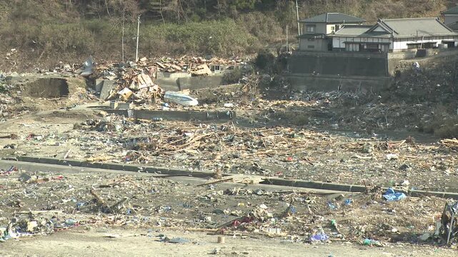 Debris In Remains Of Destroyed Town In Aftermath Of Tsunami In Japan 