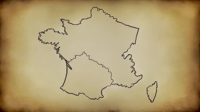A triptych of a stylized map outline on a sepia-toned background.
