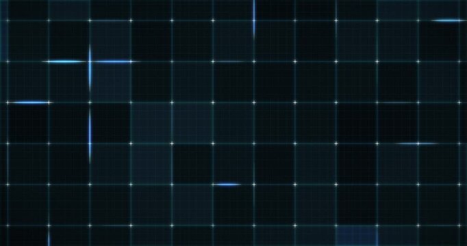 Animated blue grid with glowing light flares on dark background
