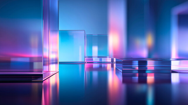 Realistic abstract geometric environment with luminous transparent glass rectangles standing in layered formation over a mirror-like reflective floor, radiant neon gradients transitioning
