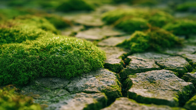 Vibrant green moss patches emerging from parched cracked ground show biological recovery and adaptation in forest floor.