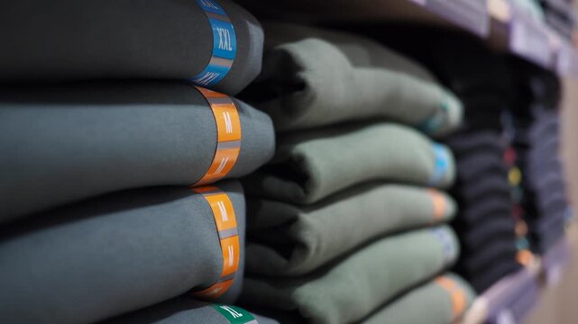 Stacked shirts with size labels in retail store display motion footage.
