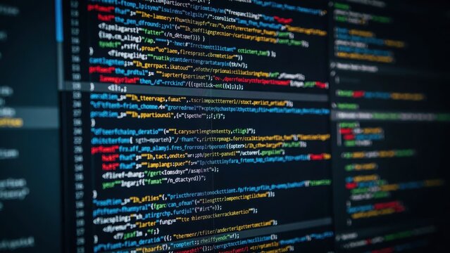 Computer screen displaying colorful code lines in a dark room. Technology concept for software development.
