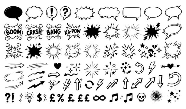 comic, doodle, speech, bubble, explosion, burst, bang, heart, star, lightning, arrow, sparkle, motion, impact, action, cartoon, handdrawn, ink, black, monochrome, outline, symbol, sticker, retro, vint