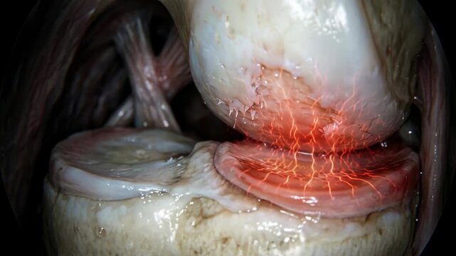 Painful knee joint: cartilage damage, femur bone, tissue injury, red glow, meniscus tear, chronic disease, severe ache, internal anatomy, medical science, physical stress, human body.