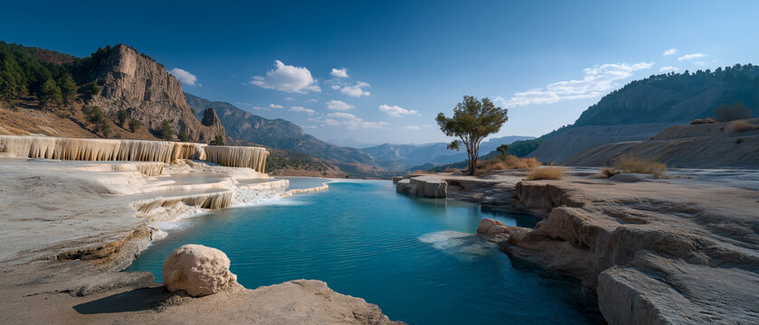 Pamukkale's Turquoise Pools A stunning panoramic view captures the mineral-rich, turquoise waters of Pamukkale's terraces, nestled amidst rugged mountains and ancient rock formations.