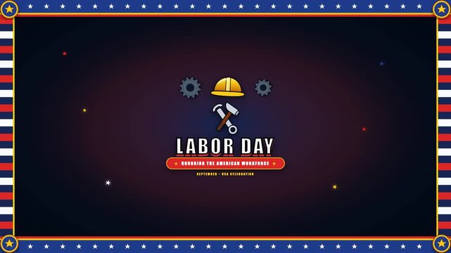 Labor Day Celebration with American Flag Border and Industrial Tools.