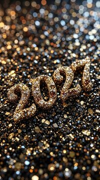 Glittering temporal sign: Happy New, Year celebration, glowing 2027, shining ornament, sparkle backdrop, festive design, luxury aesthetic, winter holiday, golden crystal, bokeh pattern.