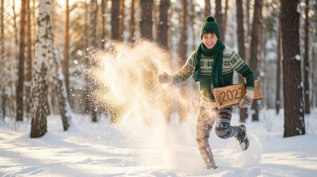 Joyful winter sprint: Happy New, Year sign, throw snow, 2027 date, golden light, active guy, forest trail, scenic sunset, cold season, cheerful man, outdoor activity.