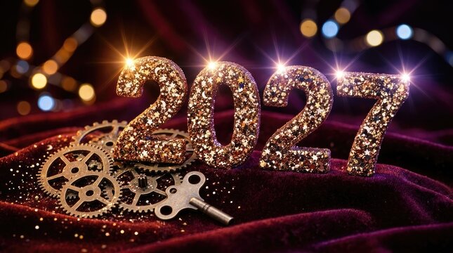 Golden temporal marker: Happy design, New Year, velvet fabric, clockwork gear, metal key, glitter spark, winter holiday, time transition, future celebration, mystery theme.