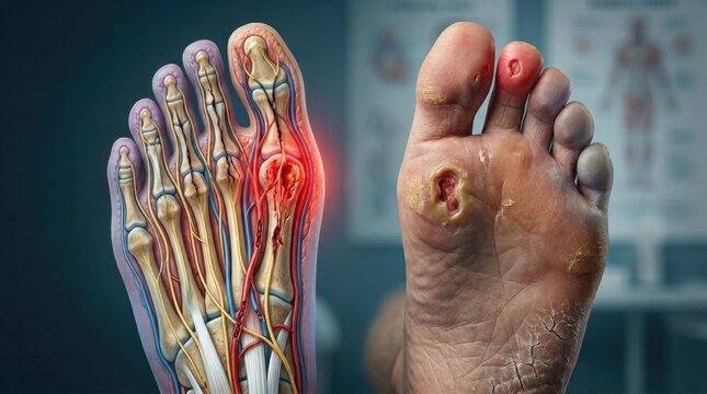 Diabetic foot pathology: ulcer lesion, nerve damage, skeletal structure, clinical model, wound care, skin sore, vessel blockage, anatomy chart, pain symptom.