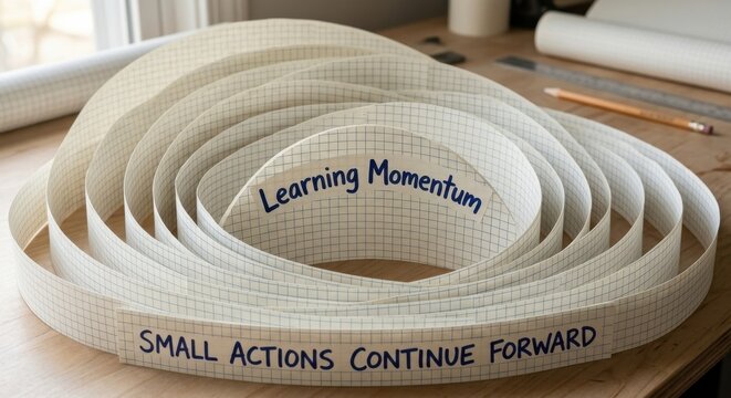 Graph paper scrolls with handwritten 'Learning Momentum' and 'Small Actions Continue Forward'