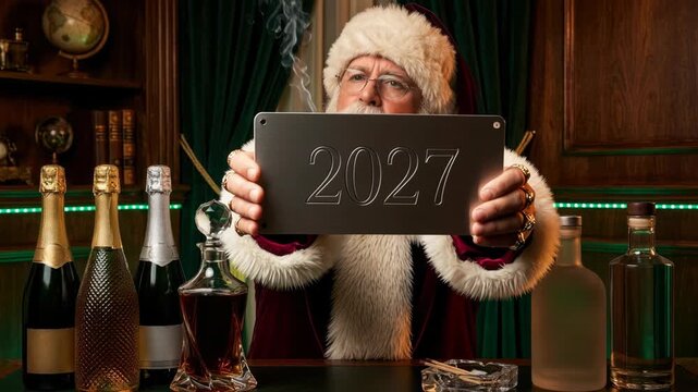 New Year celebration: Santa Claus hold plate, 2027 message, cigar smoke, alcohol bottle, festive decoration, calendar milestone, winter holiday.