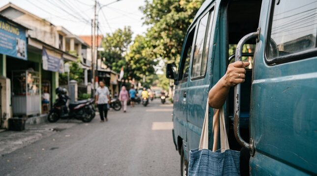 Passenger's hand holding the door handle of a blue public transport van on a busy urban street in a city