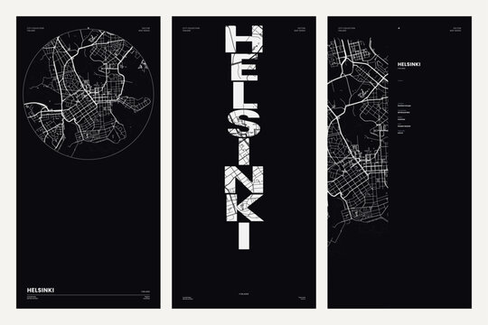 Helsinki street map poster collection in black and cream. Editable vector city map prints with clean typography.