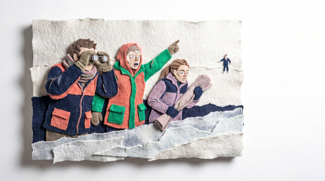 Group of friends observing a distant figure in winter clothing  