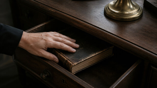 Hand touching an old leather book hidden inside an open wooden desk drawer