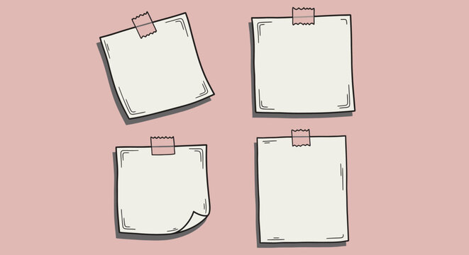 Hand drawn empty paper sticky notes collection with adhesive tape doodle memo pads for message
