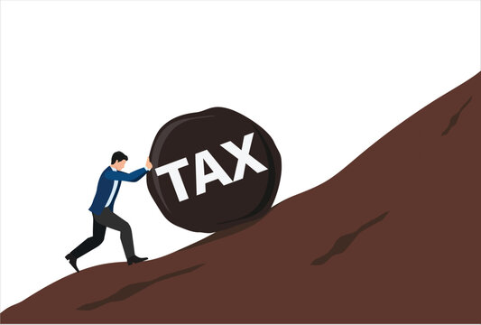 Businessman Pushing Heavy Taxes Vector Cartoon Illustration. Man feeling oppressed with tax payment for his labor 

