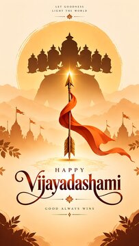 Happy Vijayadashami Festival Poster with Lord Rama Bow and Ravana Silhouette