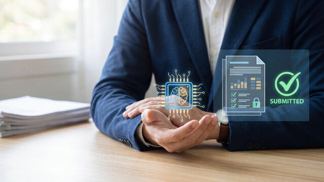 AI compliance reporting and regulatory document submission concept, businessman holding AI brain chip with report, checklist, padlock and submitted checkmark for automated filing