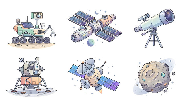 Set of space exploration icons with rover and satellites isolated on white background