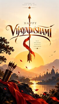 Happy Vijayadashami Festival Poster with Bow and Arrow, Sunset and Mountain Landscape