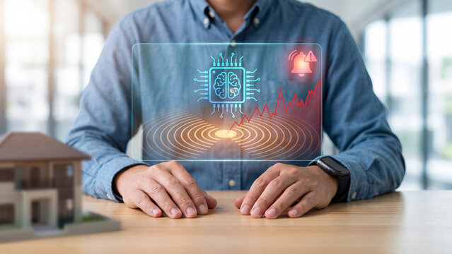 AI earthquake early warning and seismic detection concept, man with smartwatch near house model, AI brain chip with seismic wave graph, epicenter ripples and red alarm bell alert