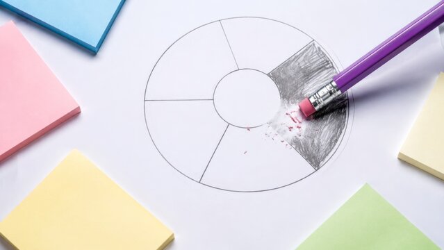 Pencil erasing a line on a grid paper graph, leaving behind smudges. The eraser works on an imperfect curve, changing its path. This image represents correcting errors or changing business strategies