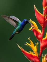 Obraz premium Blue iridescent hummingbird hovering near bright red and yellow heliconia flower. Small wild bird feeding on nectar in tropical garden. Colorful nature wildlife scene with green blurred background.