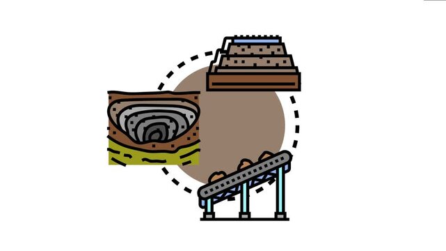 Graphic displaying the multi stage process of mining raw materials, including a deep pit excavation, material transportation on a conveyor belt, and formation of a large ore stockpile