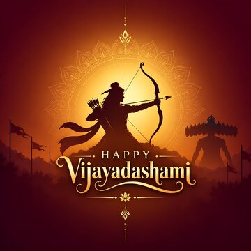 Happy Dussehra Festival Poster with Lord Rama, Ravana Effigy and Bow