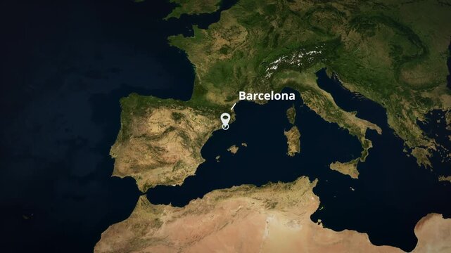 Satellite map zoom to Barcelona, Spain with a white location pin marker, concentric circle highlight, and typography. Ideal for travel documentaries, broadcast graphics, or geographical presentations.