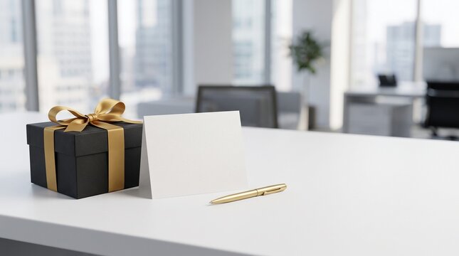 Elegant Unbranded Matte Black Gift Box on Modern Corporate Desk