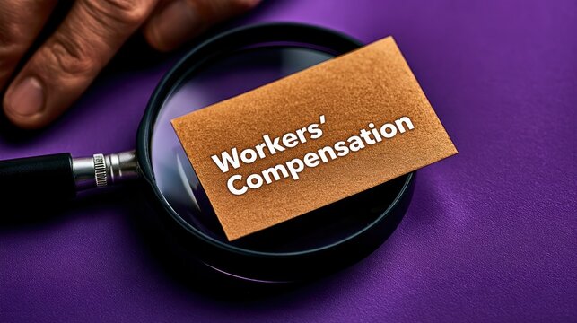 Employment benefit card with workers compensation text viewed through magnifying lens on a purple surface for labor law and insurance branding