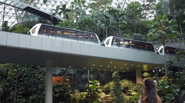 People mover train passing through indoor garden and futuristic architecture at Changi airport.