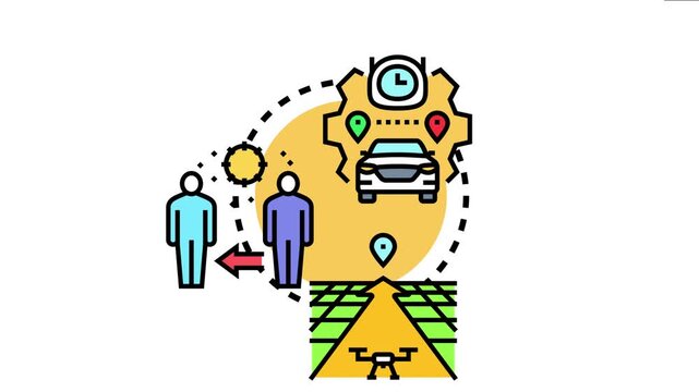 Guideline concept people social distancing, car vehicle safety measures, and drone operation regulations with location pins and keeping separation for security